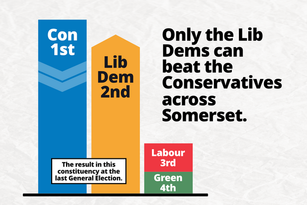 A bar chat showing the result of the last General Election in Somerton and Frome constituency: Con 1st, Lib Dem 2nd, Labour 3rd, Green 4th. Text reads "Only the Lib Dems can beat the Conservatives across Somerset."